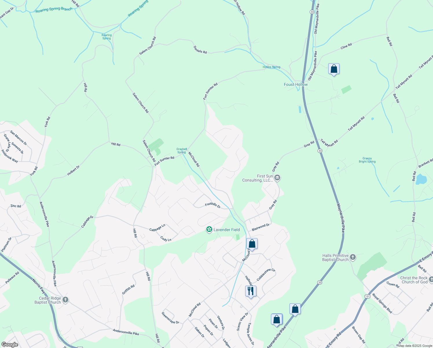 map of restaurants, bars, coffee shops, grocery stores, and more near 5015 Stewart Ridge Road in Knoxville