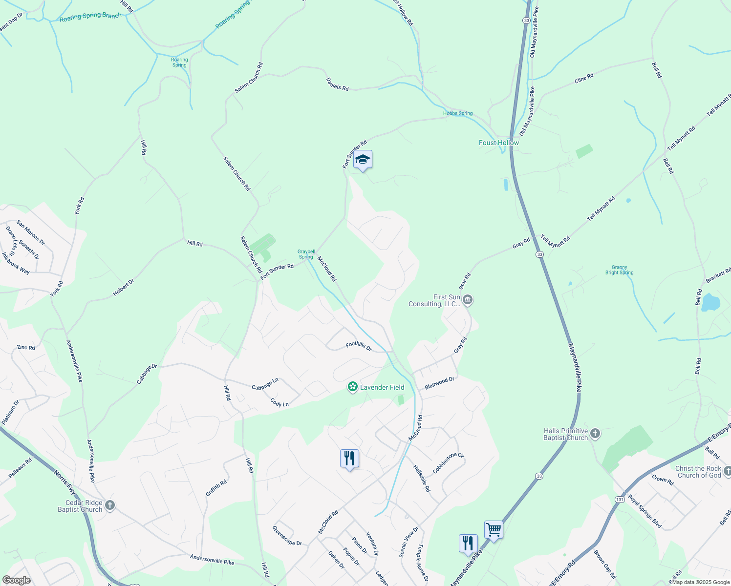map of restaurants, bars, coffee shops, grocery stores, and more near 5015 Stewart Ridge Road in Knoxville