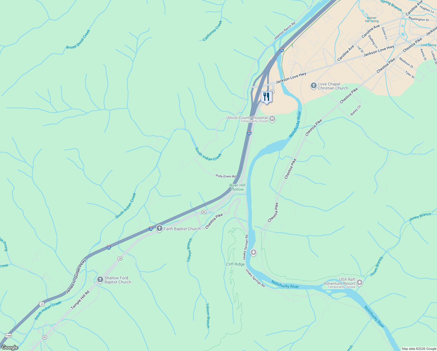 map of restaurants, bars, coffee shops, grocery stores, and more near 102 Natalie Lane in Erwin