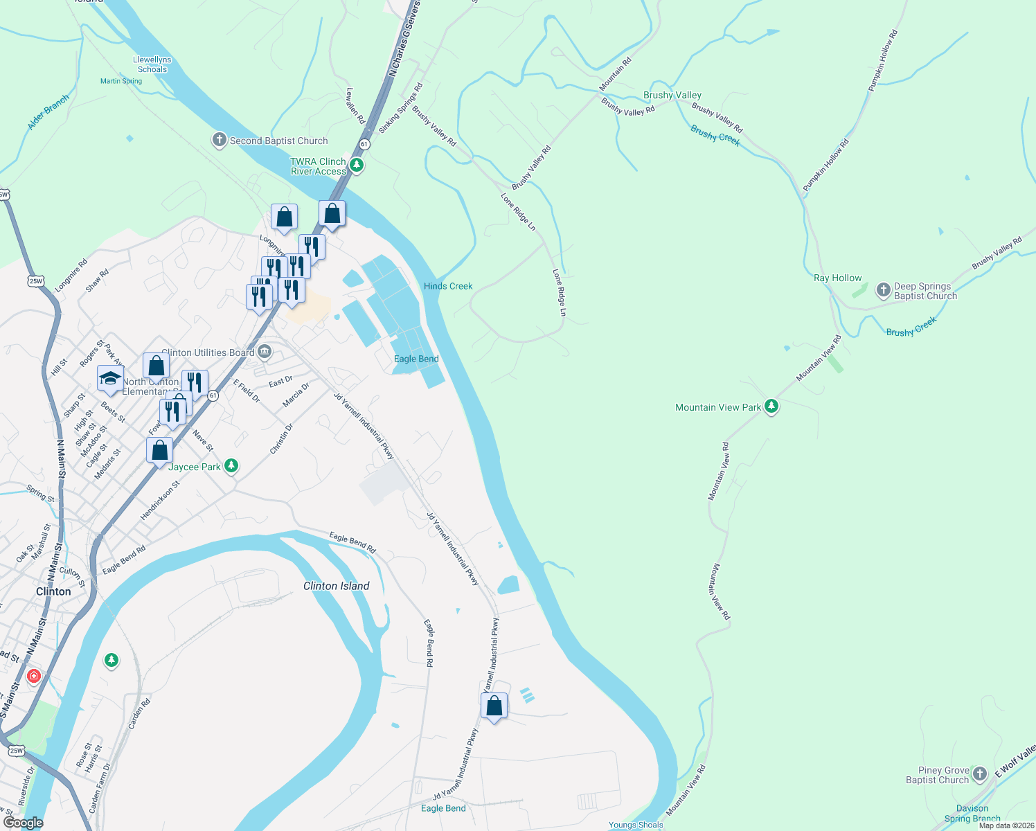 map of restaurants, bars, coffee shops, grocery stores, and more near 155 Lone River Lane in Clinton