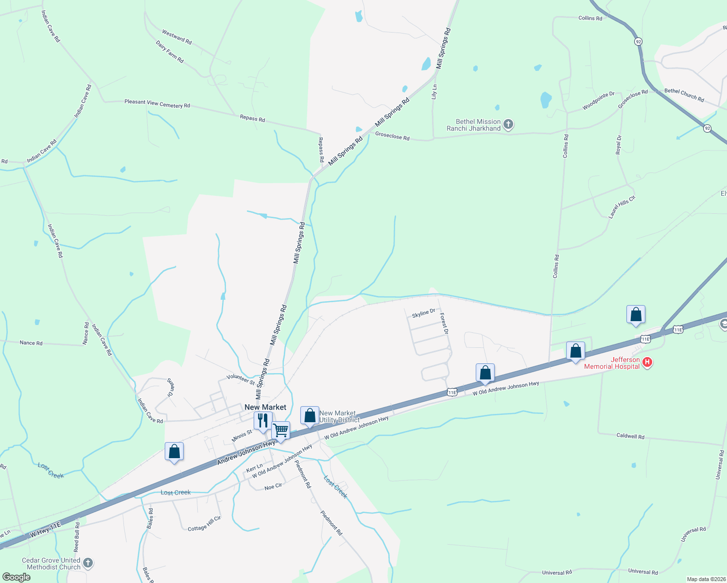 map of restaurants, bars, coffee shops, grocery stores, and more near 1298 Mitchell Road in New Market
