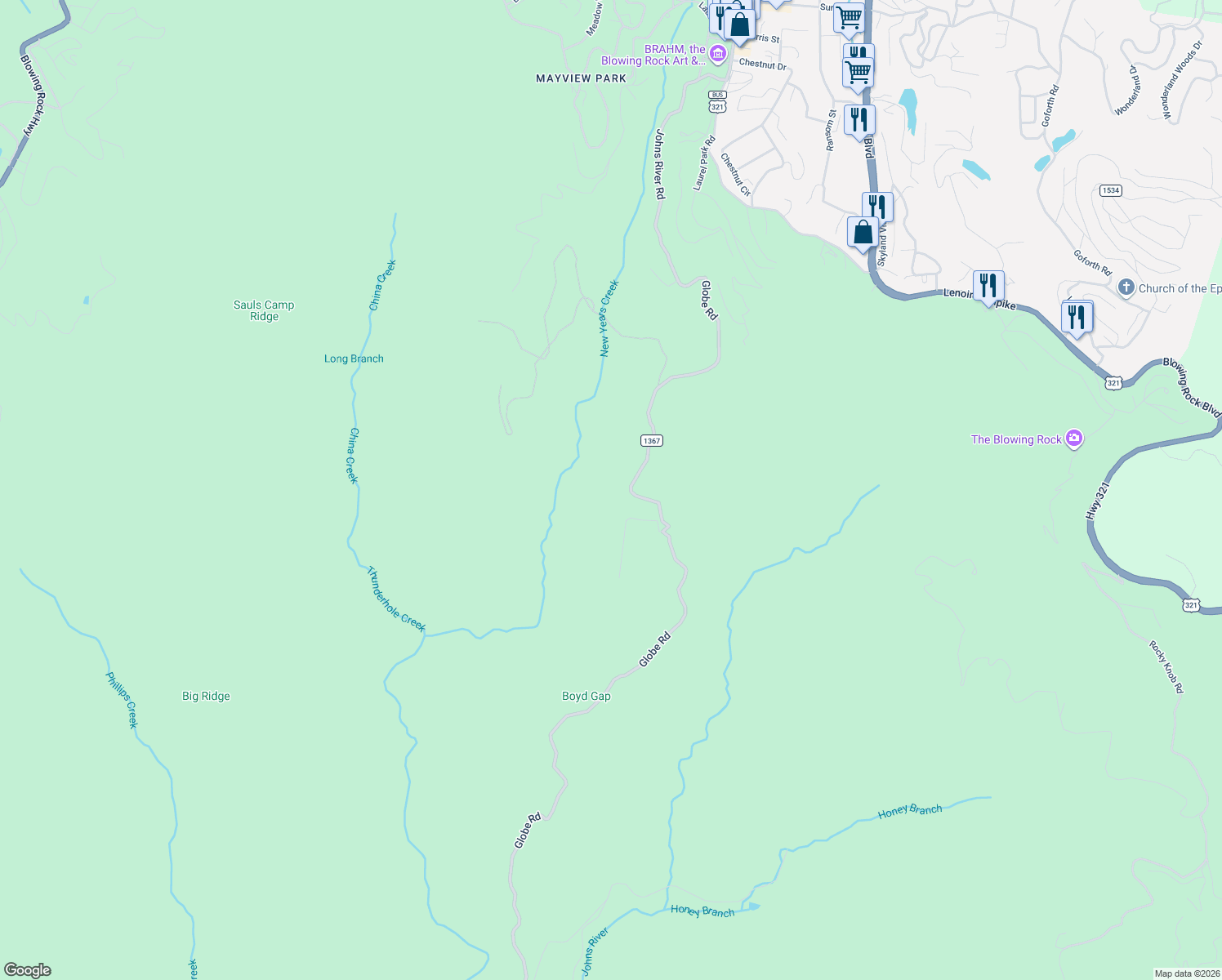 map of restaurants, bars, coffee shops, grocery stores, and more near 7554 Globe Road in Lenoir