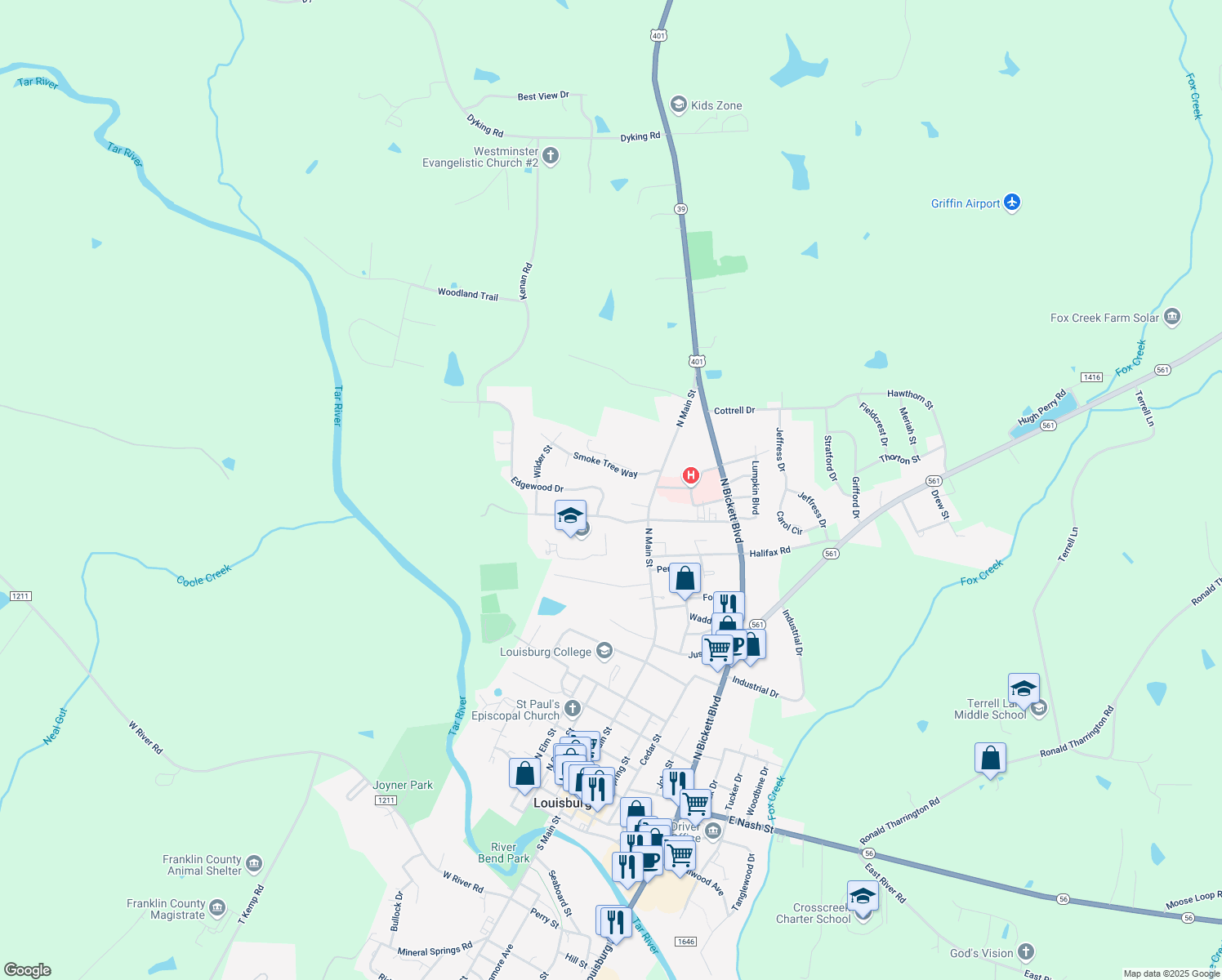 map of restaurants, bars, coffee shops, grocery stores, and more near 108 Edgewood Drive in Louisburg