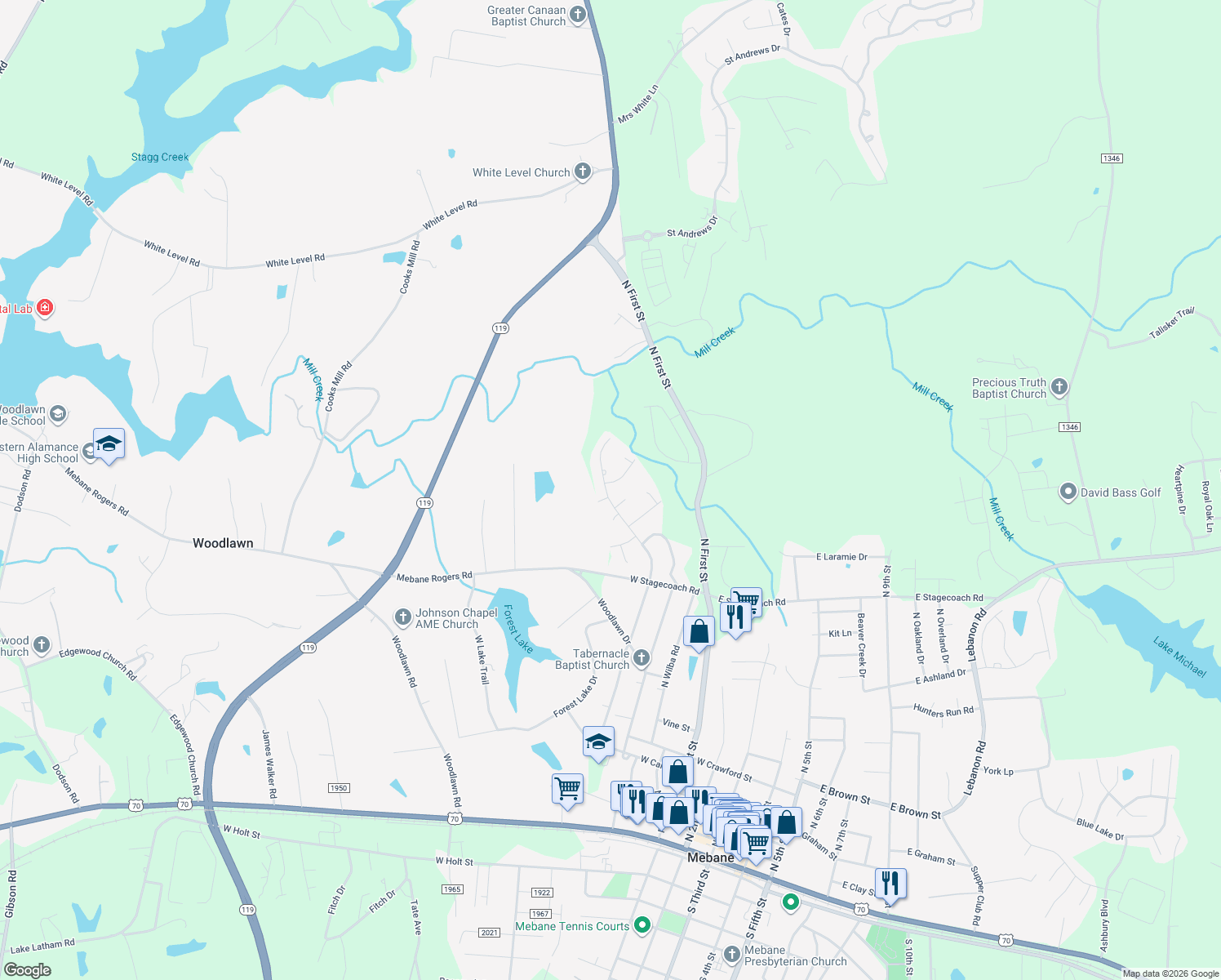 map of restaurants, bars, coffee shops, grocery stores, and more near 902 N Carr St in Mebane