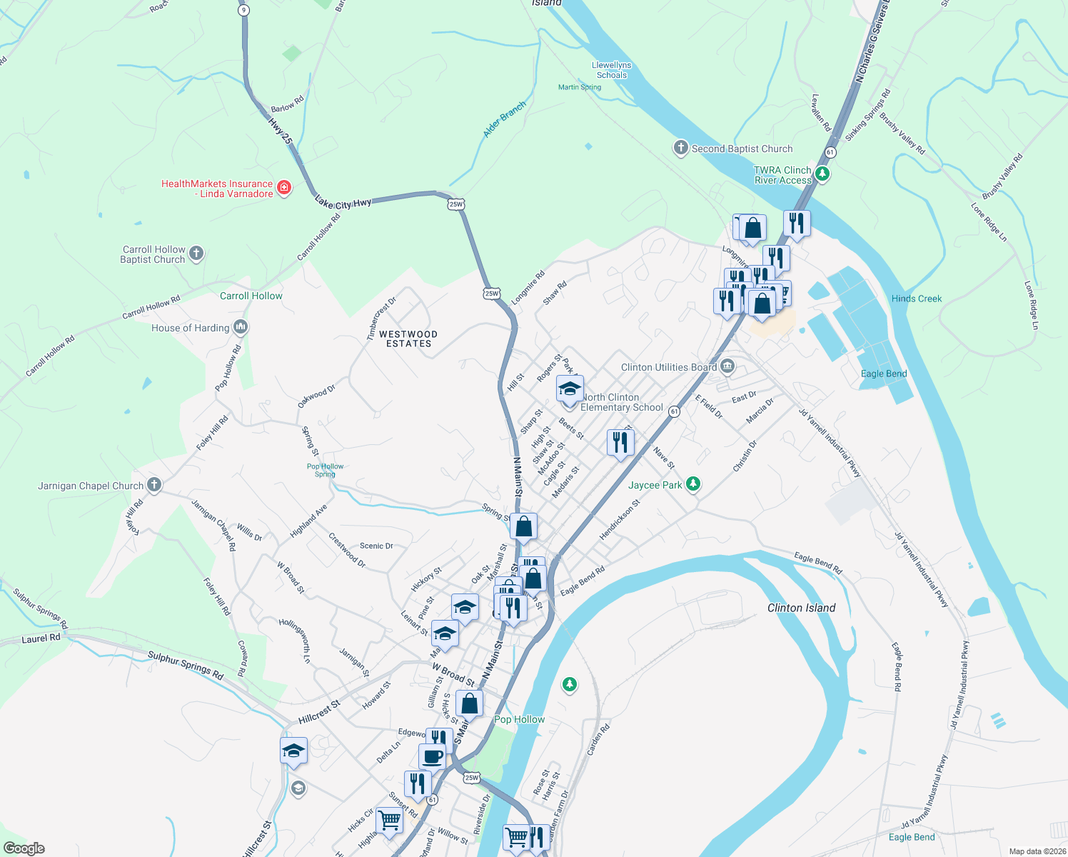 map of restaurants, bars, coffee shops, grocery stores, and more near 715 Sharp Street in Clinton