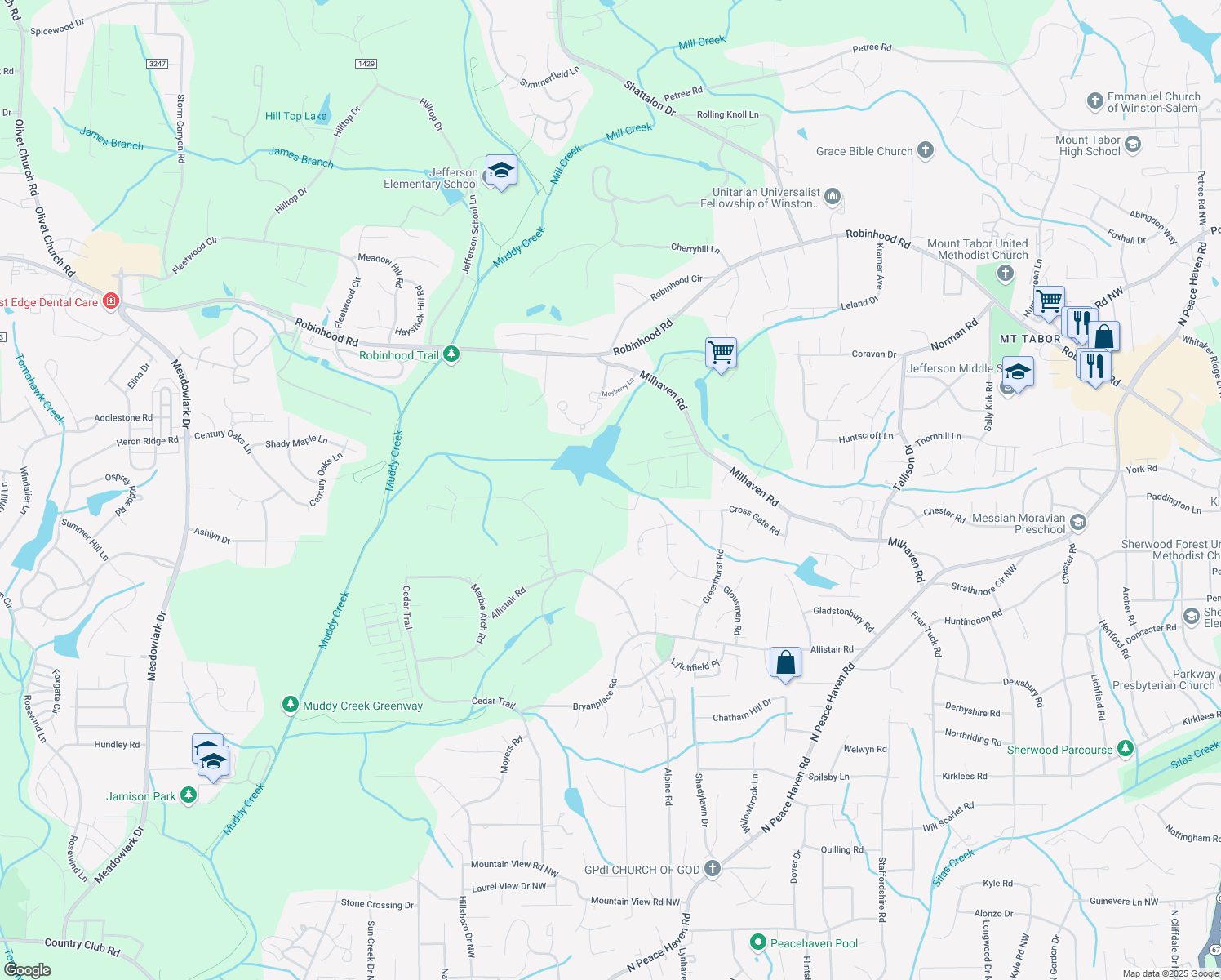 map of restaurants, bars, coffee shops, grocery stores, and more near 4300 Cold Springs Road in Winston-Salem