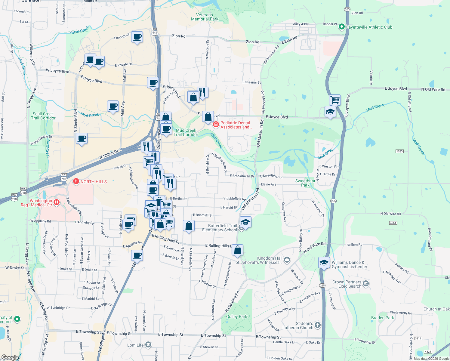 map of restaurants, bars, coffee shops, grocery stores, and more near 1768 Manchester Drive in Fayetteville