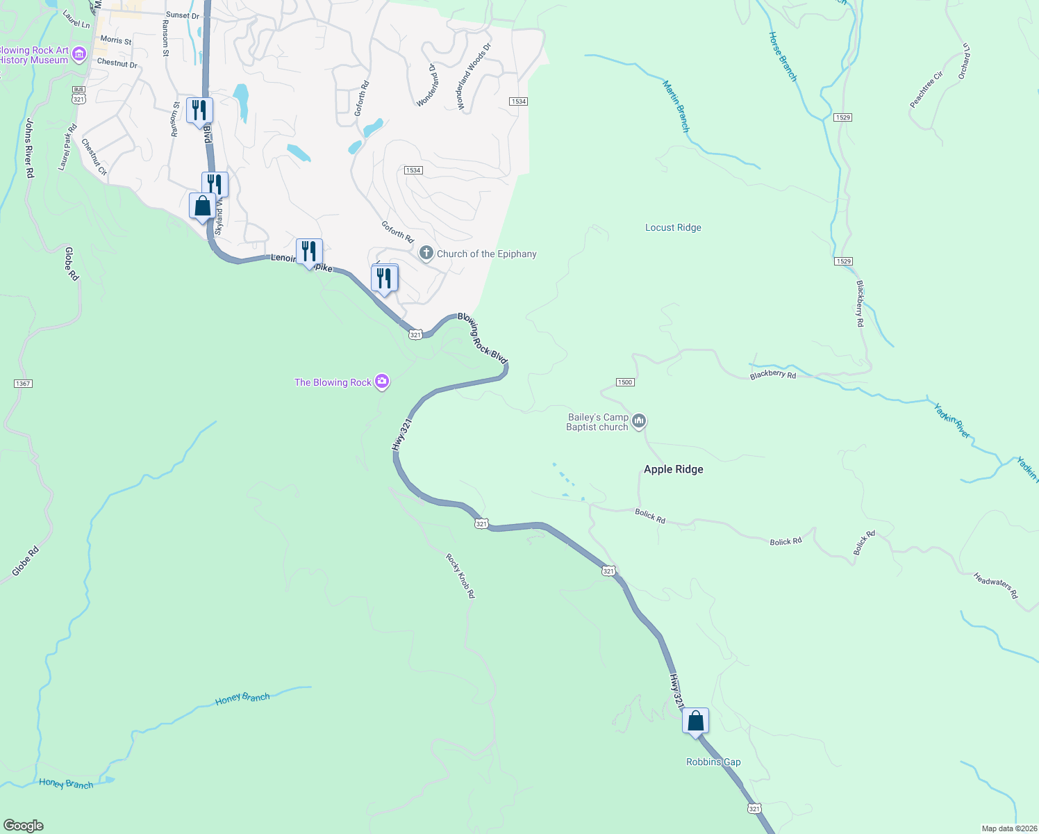 map of restaurants, bars, coffee shops, grocery stores, and more near 8080 Cone Orchard Lane in Lenoir