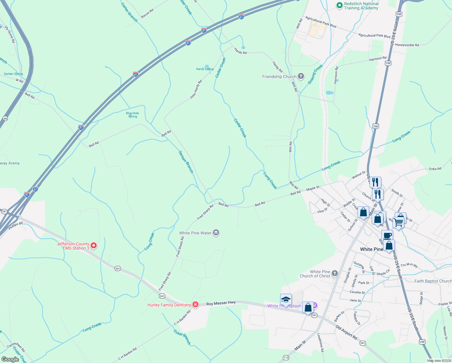 map of restaurants, bars, coffee shops, grocery stores, and more near 3104 Bell Road in White Pine