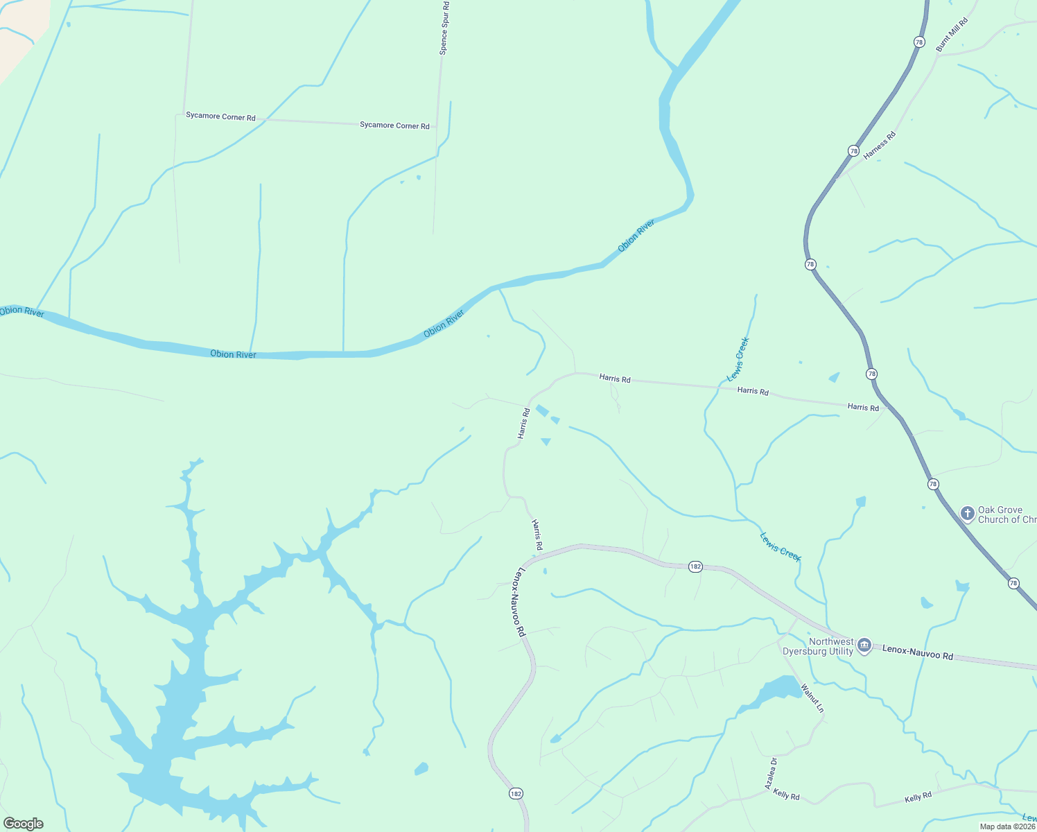 map of restaurants, bars, coffee shops, grocery stores, and more near 1348 Harris Road in Dyersburg