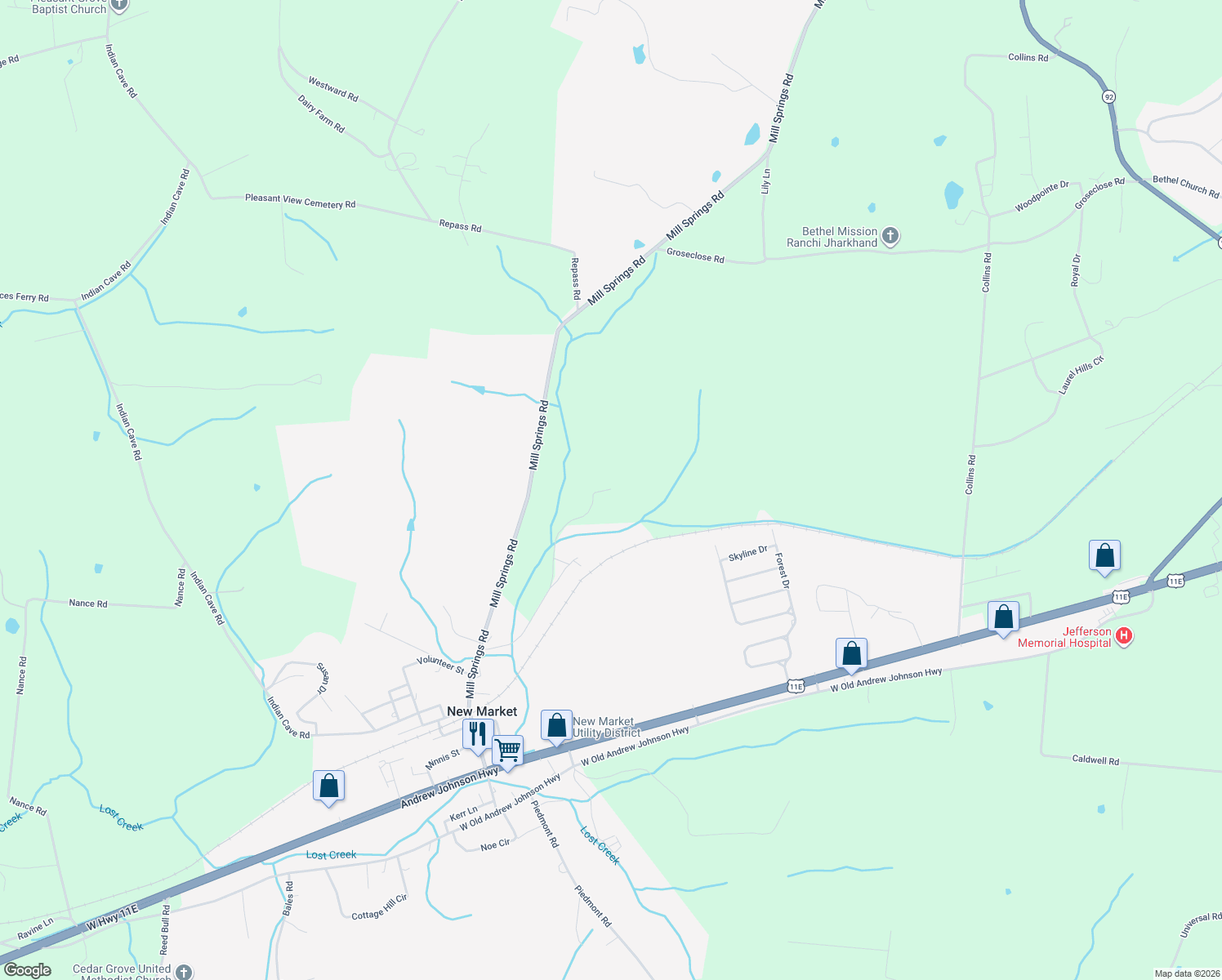 map of restaurants, bars, coffee shops, grocery stores, and more near 1298 Mitchell Road in New Market