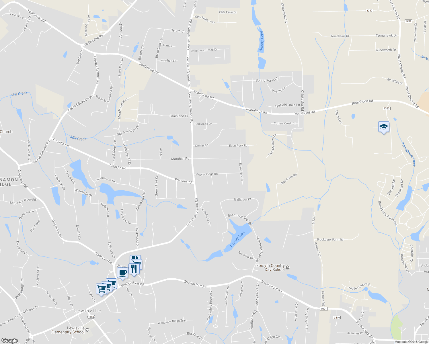 map of restaurants, bars, coffee shops, grocery stores, and more near 6941 Poplar Ridge Road in Lewisville
