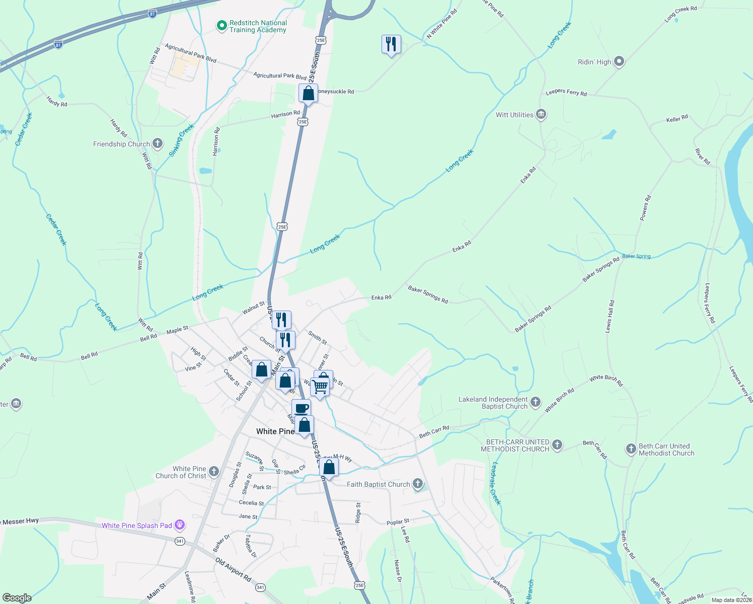 map of restaurants, bars, coffee shops, grocery stores, and more near 2010 Enka Rd in White Pine