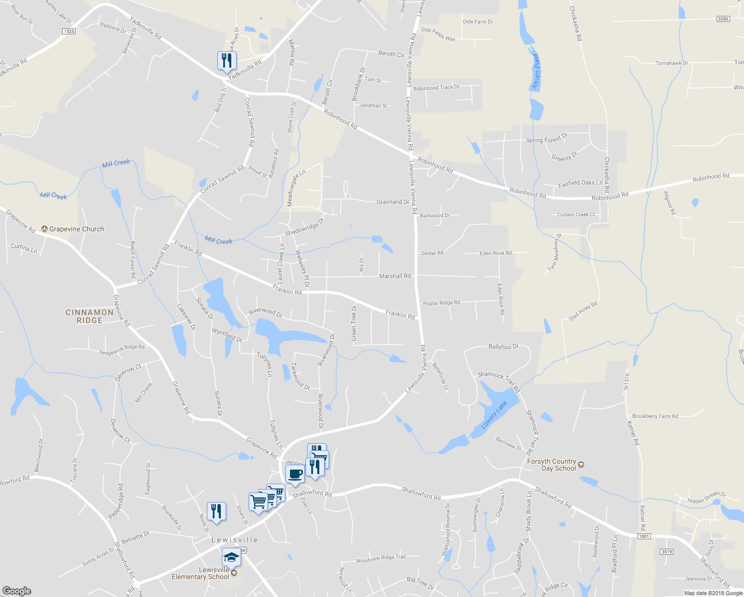 map of restaurants, bars, coffee shops, grocery stores, and more near 7145 Franklin Road in Lewisville