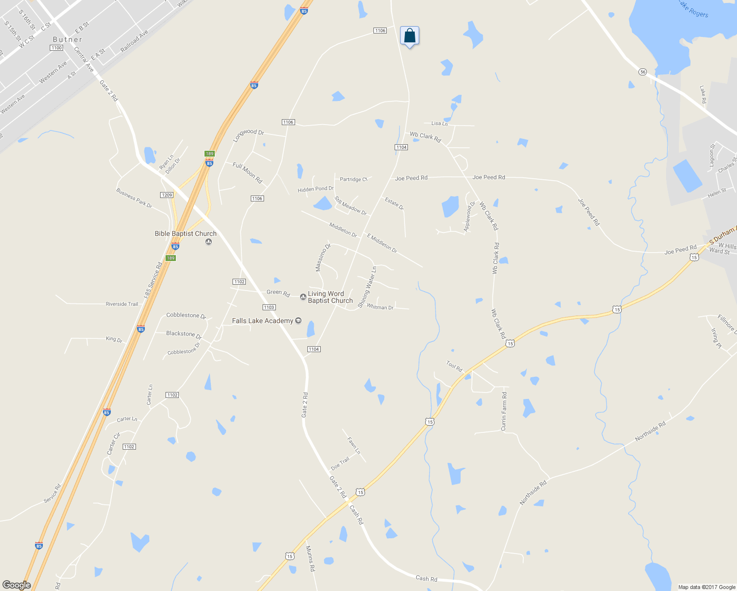 map of restaurants, bars, coffee shops, grocery stores, and more near 1200 Shining Water Lane in Creedmoor