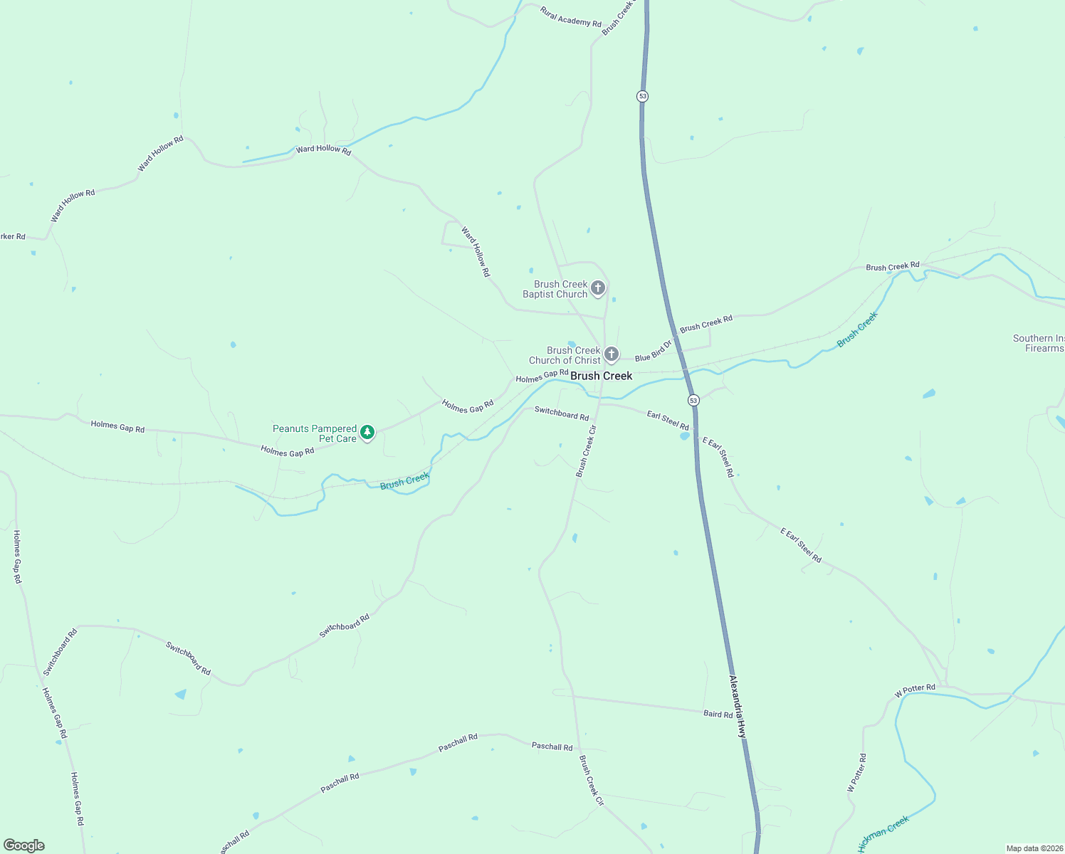 map of restaurants, bars, coffee shops, grocery stores, and more near 15 Switchboard Road in Brush Creek