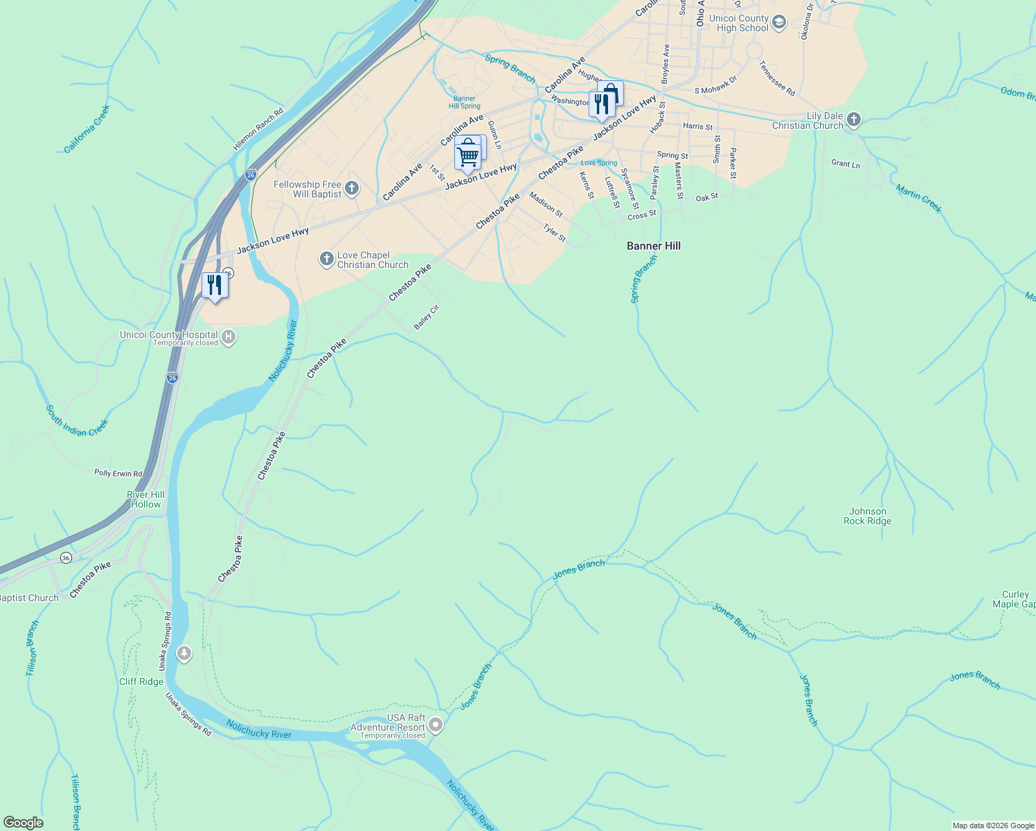 map of restaurants, bars, coffee shops, grocery stores, and more near 115 Bailey Hollow Road in Erwin