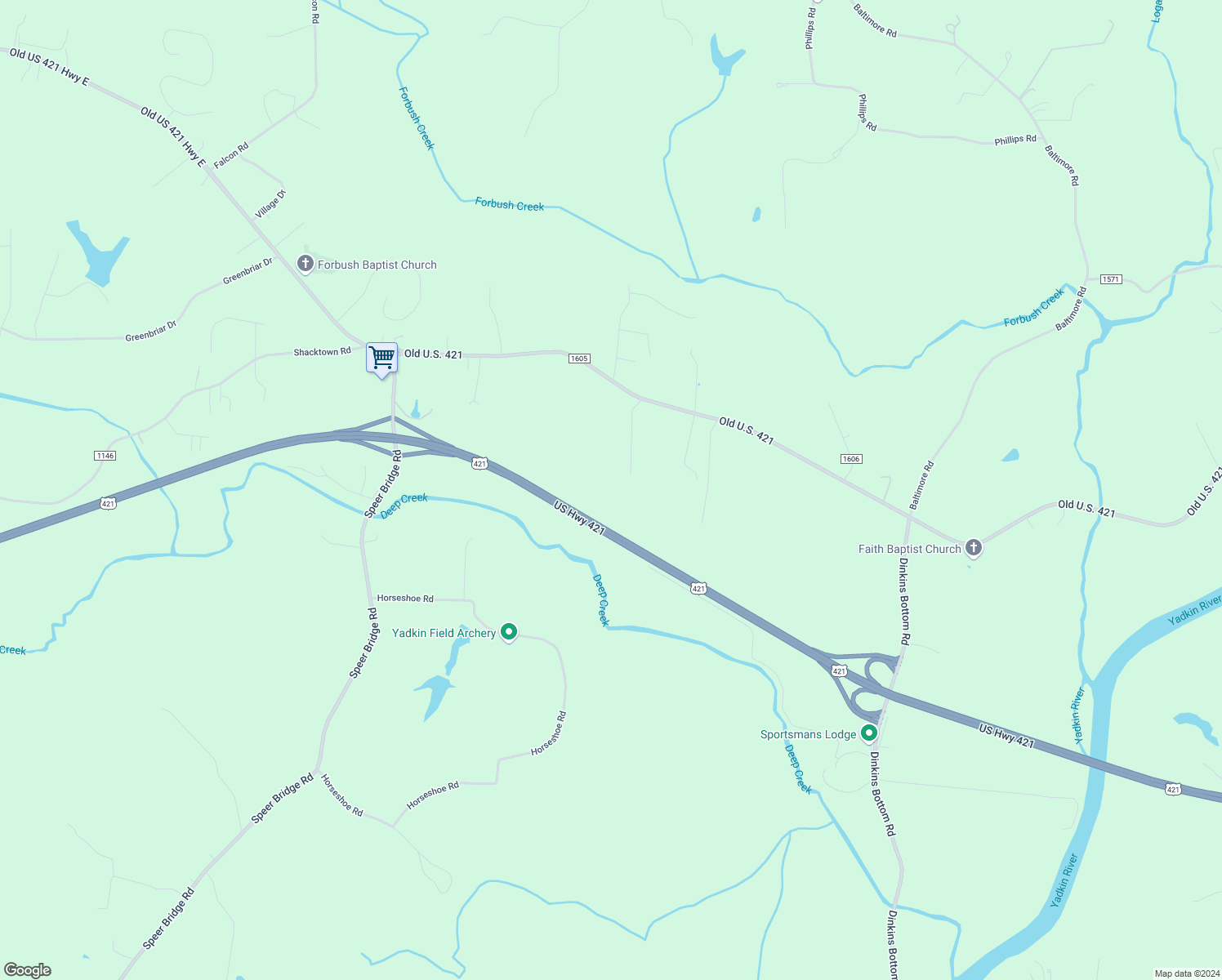 map of restaurants, bars, coffee shops, grocery stores, and more near 4422 Old US 421 Highway East in Yadkinville