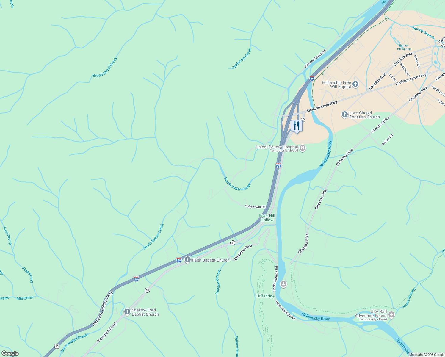 map of restaurants, bars, coffee shops, grocery stores, and more near 205 McInturff Lane in Erwin