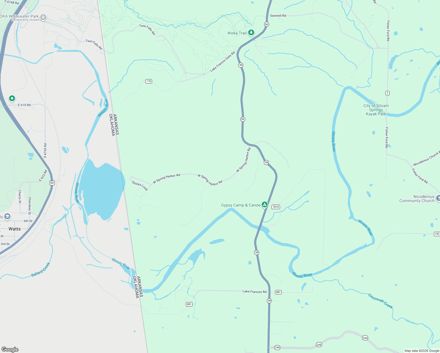 map of restaurants, bars, coffee shops, grocery stores, and more near 22750 West Spring Harbor Road in Siloam Spgs