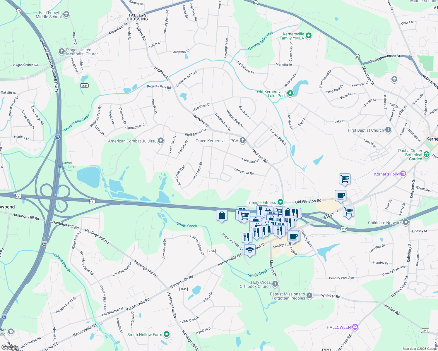 map of restaurants, bars, coffee shops, grocery stores, and more near 191 Christi Ln in Kernersville