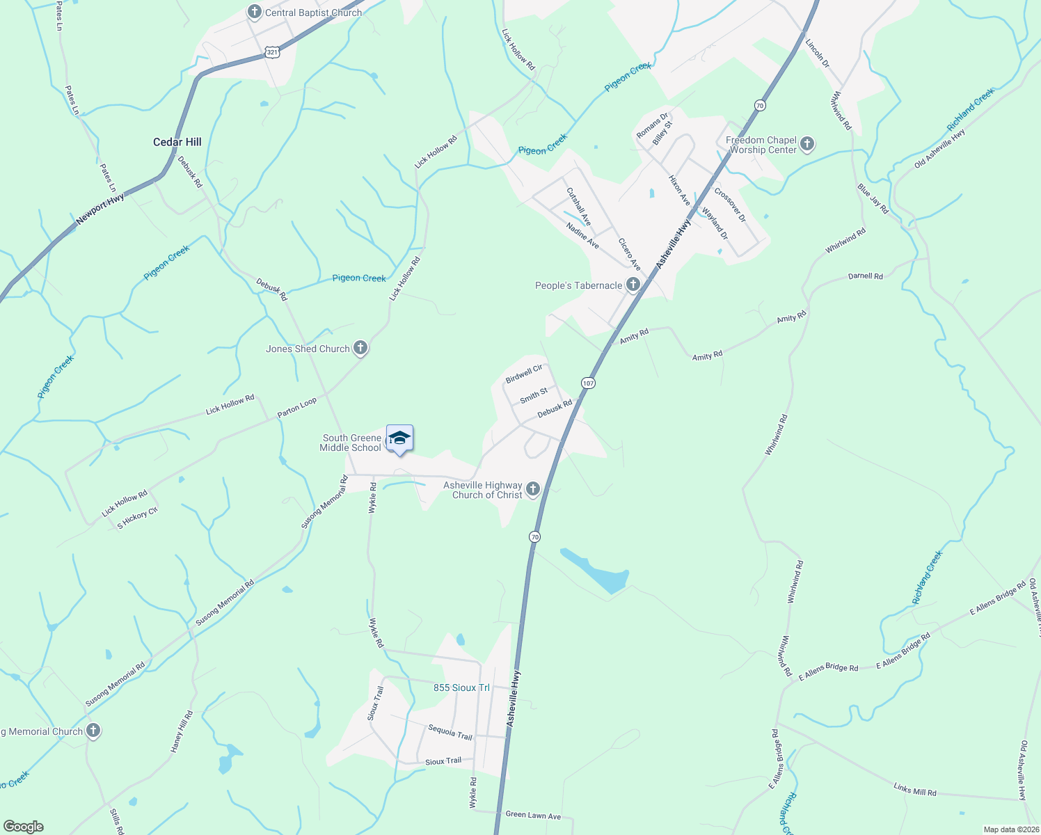 map of restaurants, bars, coffee shops, grocery stores, and more near 220 Debusk Road in Greeneville