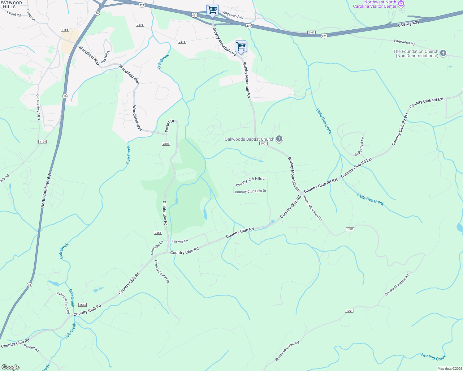 map of restaurants, bars, coffee shops, grocery stores, and more near 542 Country Club Hills Lane in Wilkesboro