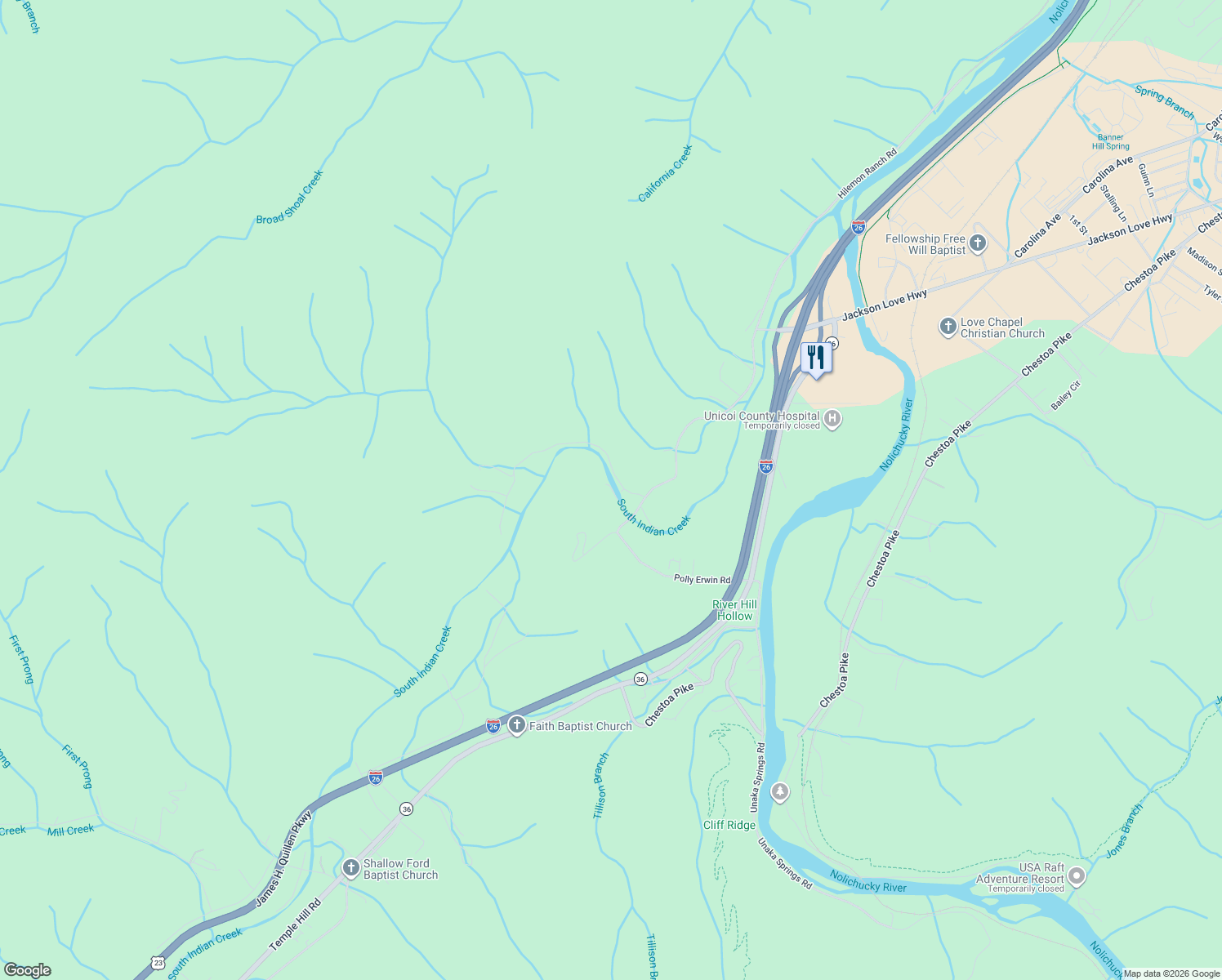 map of restaurants, bars, coffee shops, grocery stores, and more near 205 McInturff Lane in Erwin