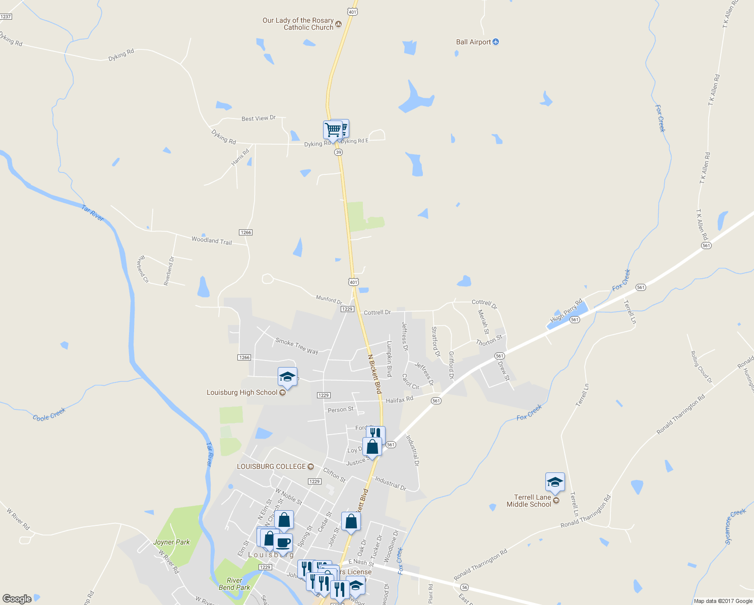 map of restaurants, bars, coffee shops, grocery stores, and more near 106 Cottrell Drive in Louisburg