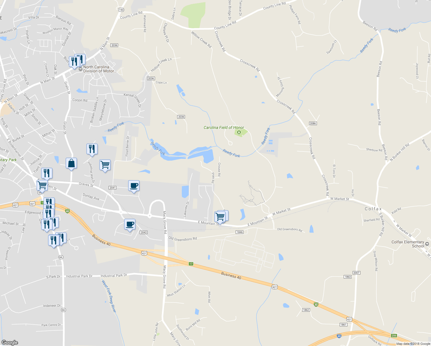 map of restaurants, bars, coffee shops, grocery stores, and more near 204 Pratt Road in Kernersville