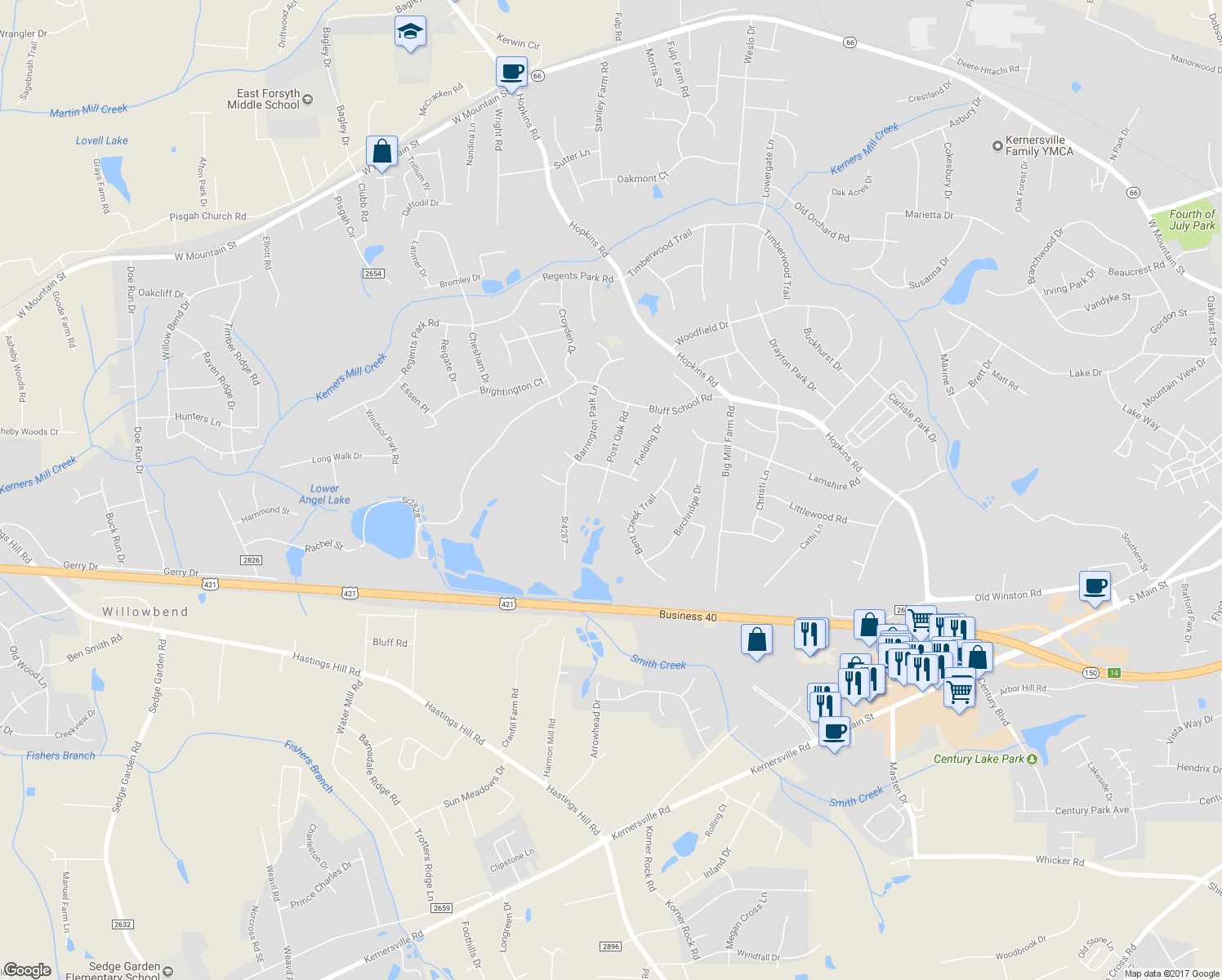 map of restaurants, bars, coffee shops, grocery stores, and more near 275 Post Oak Road in Kernersville