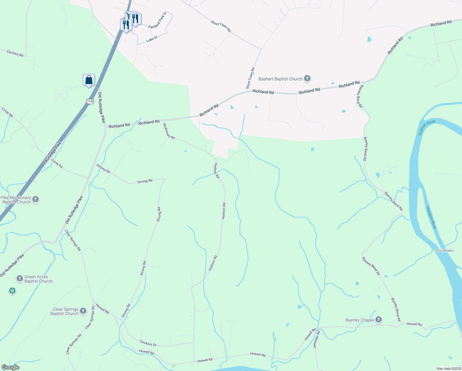 map of restaurants, bars, coffee shops, grocery stores, and more near 11112 McKinney Road in Mascot