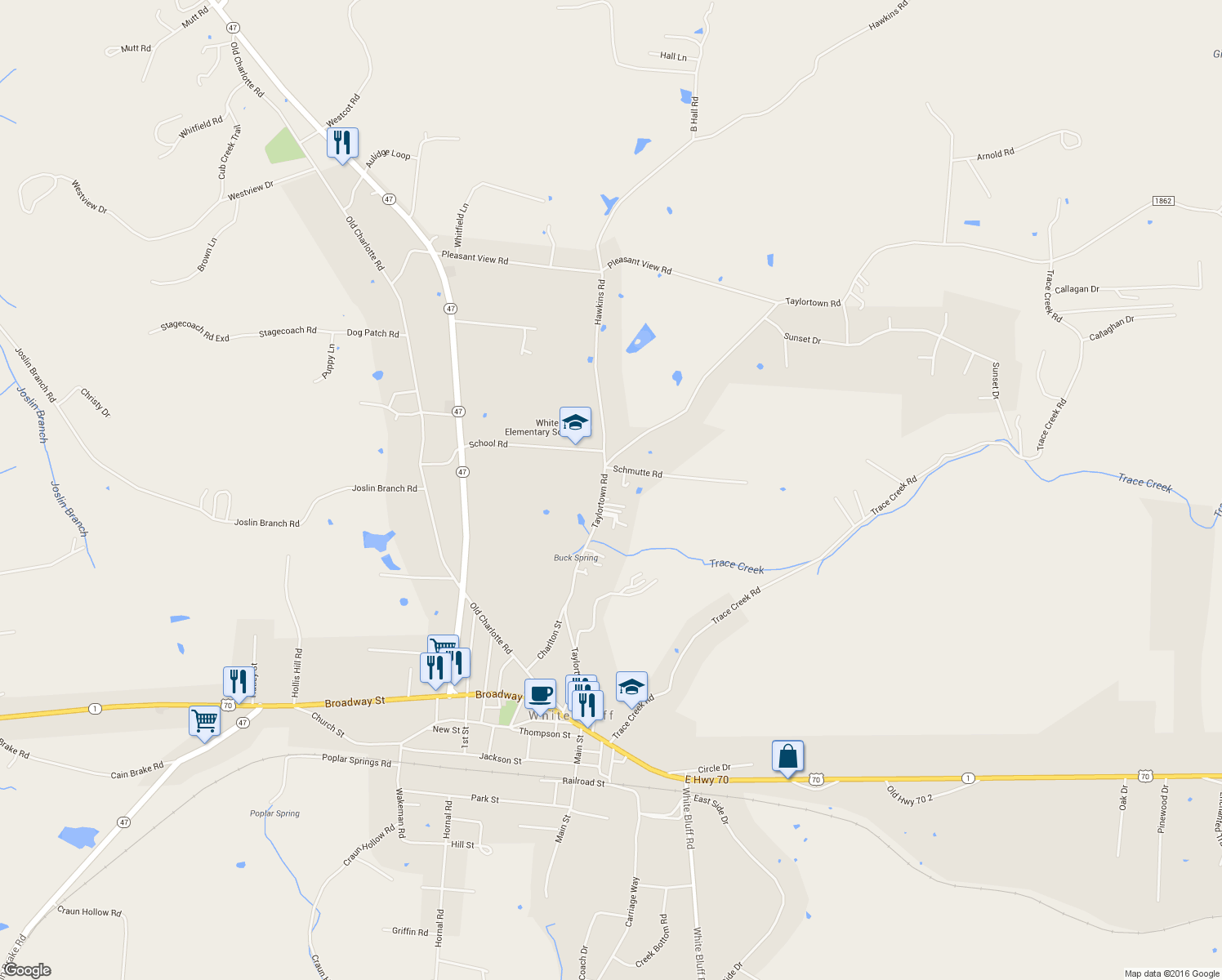 map of restaurants, bars, coffee shops, grocery stores, and more near 1274 Taylortown Road in White Bluff