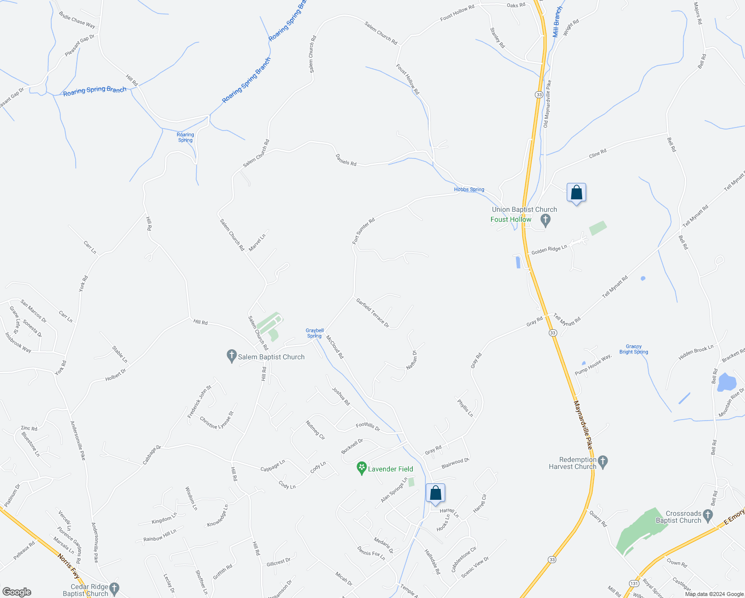 map of restaurants, bars, coffee shops, grocery stores, and more near 5009 Alpha Terrace Lane in Knoxville