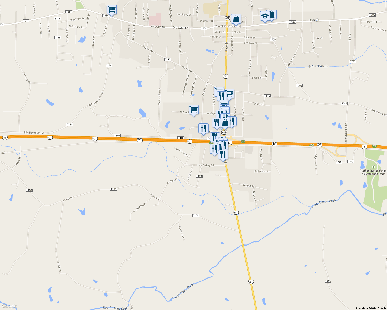map of restaurants, bars, coffee shops, grocery stores, and more near 917 McKinley Rd in Yadkinville