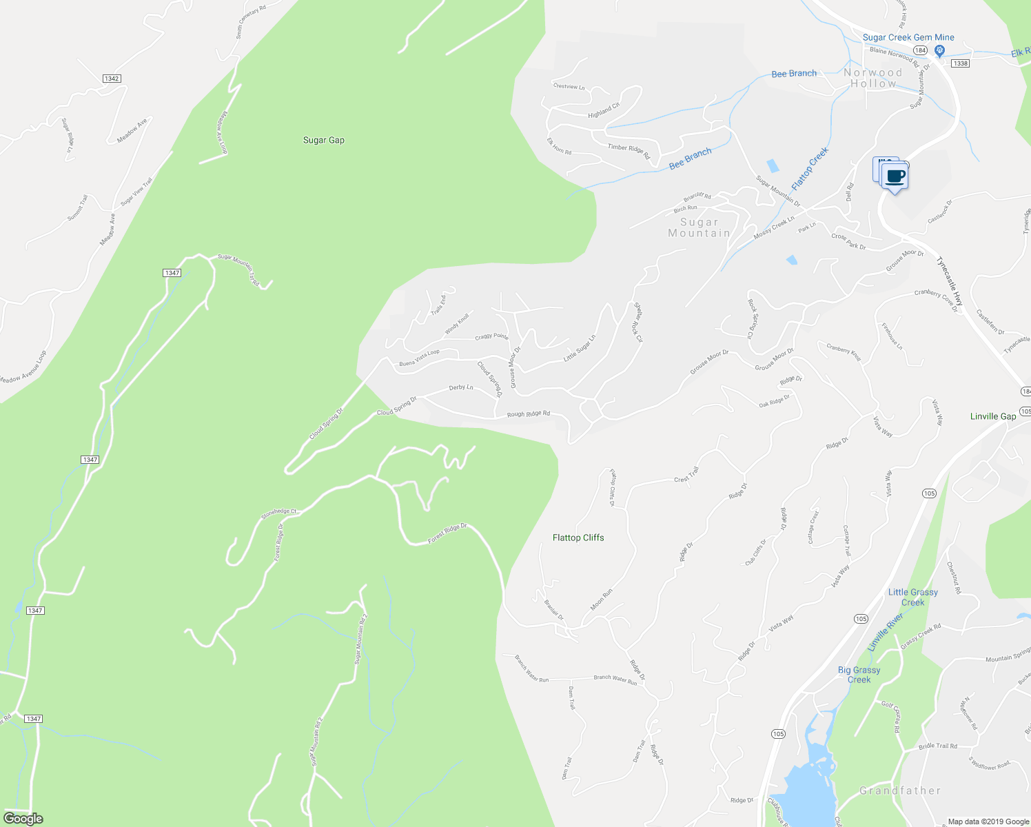map of restaurants, bars, coffee shops, grocery stores, and more near Rough Ridge Road in Sugar Mountain