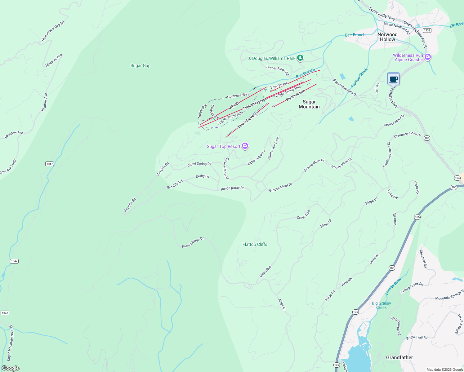 map of restaurants, bars, coffee shops, grocery stores, and more near 253-2591 Grouse Moor Drive in Sugar Mountain