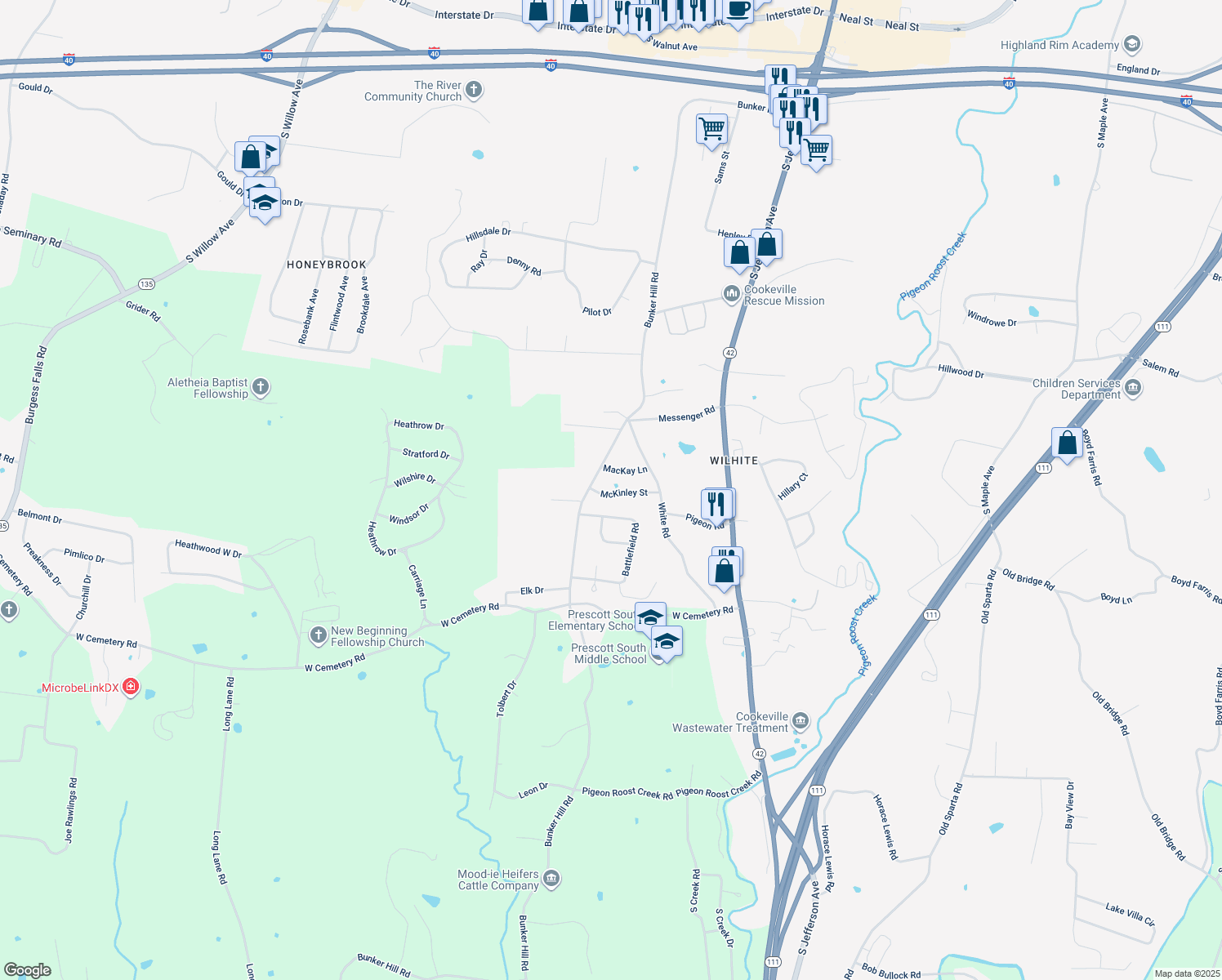 map of restaurants, bars, coffee shops, grocery stores, and more near 40 McKinley St in Cookeville