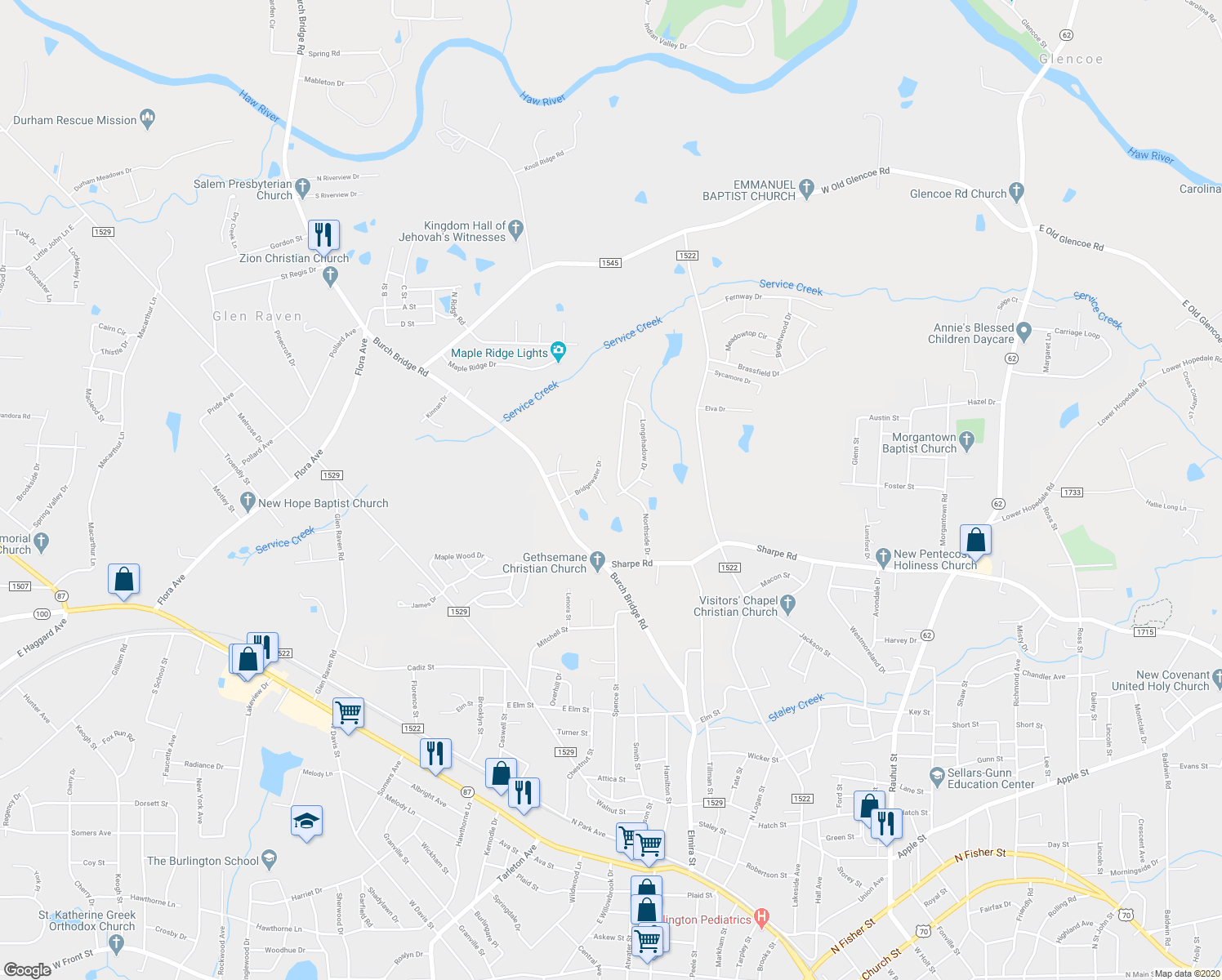 map of restaurants, bars, coffee shops, grocery stores, and more near 1607 Longshadow Court in Burlington