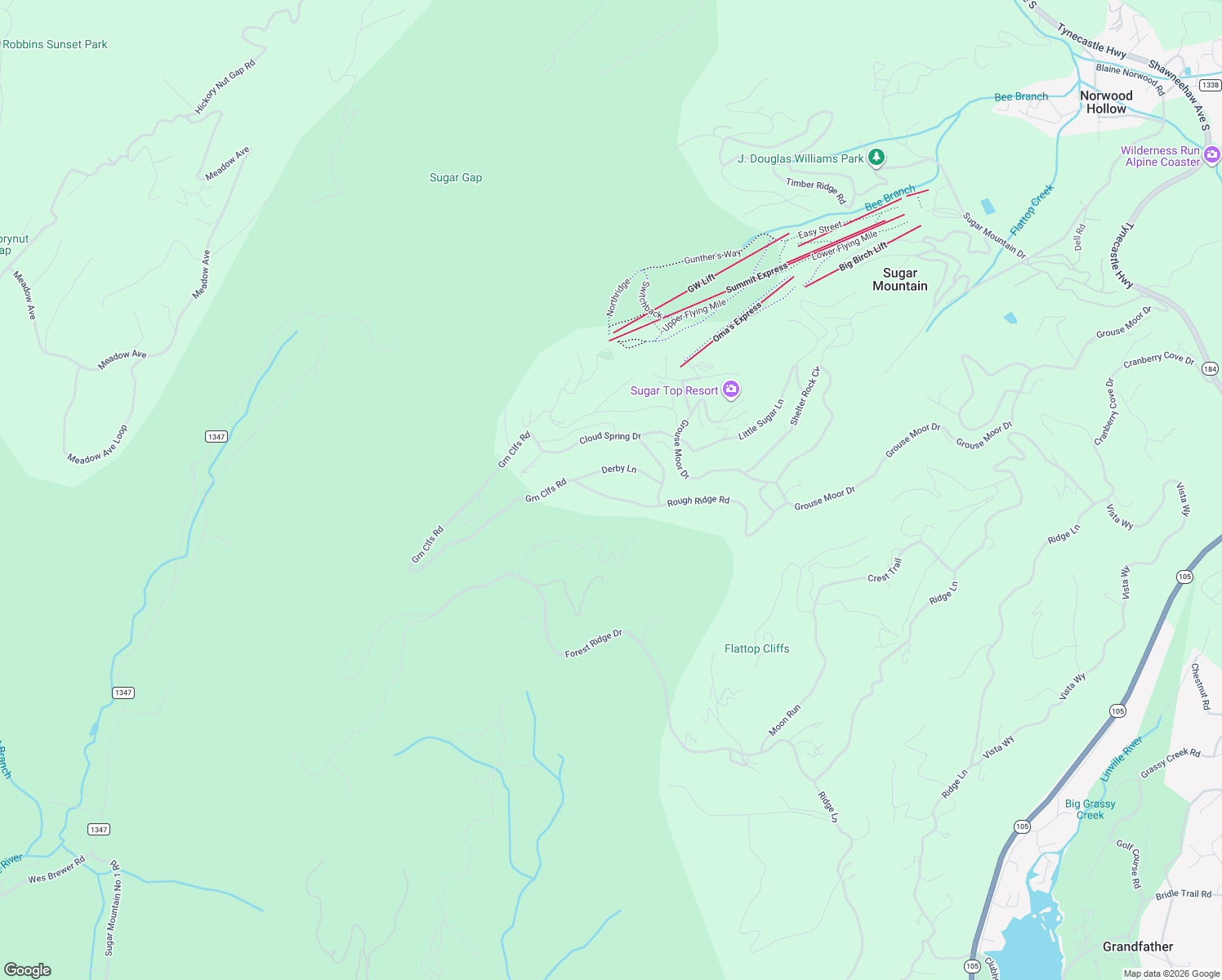 map of restaurants, bars, coffee shops, grocery stores, and more near 803 Rough Ridge Road in Sugar Mountain
