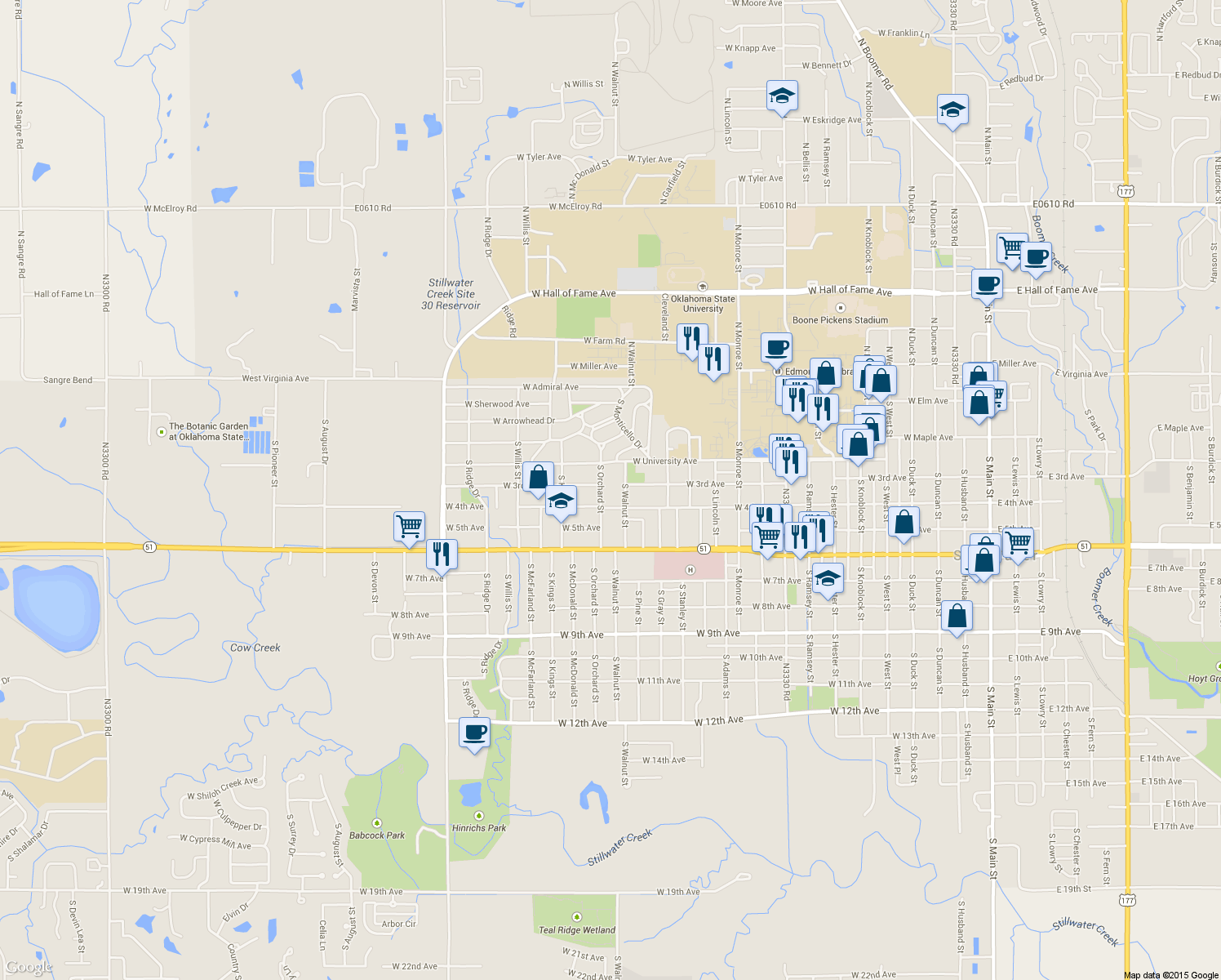 map of restaurants, bars, coffee shops, grocery stores, and more near 301 South Orchard Street in Stillwater