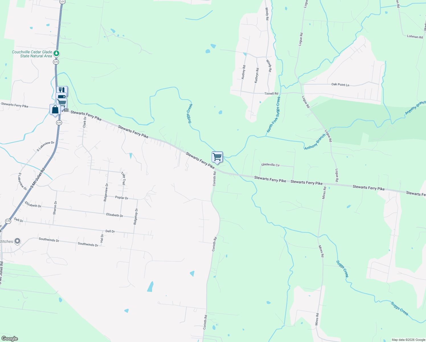 map of restaurants, bars, coffee shops, grocery stores, and more near 144 Corinth Road in Mount Juliet