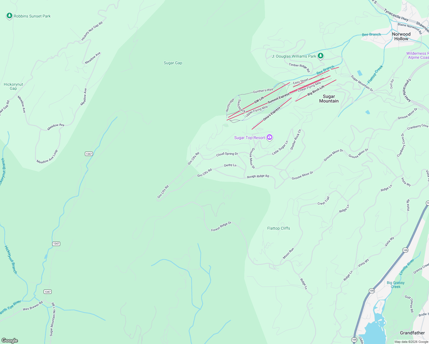 map of restaurants, bars, coffee shops, grocery stores, and more near 803 Rough Ridge Road in Sugar Mountain