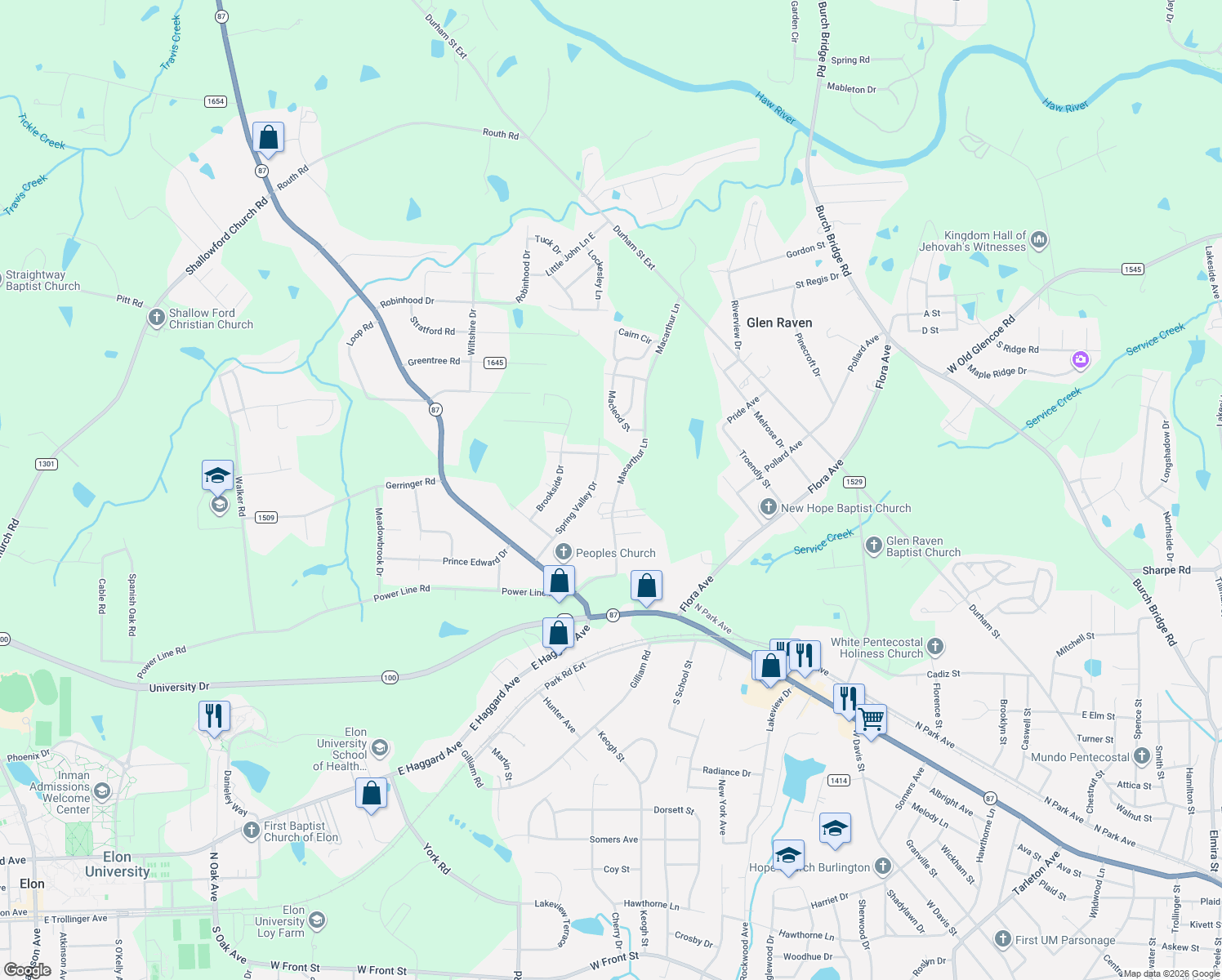 map of restaurants, bars, coffee shops, grocery stores, and more near 414 Macarthur Lane in Burlington