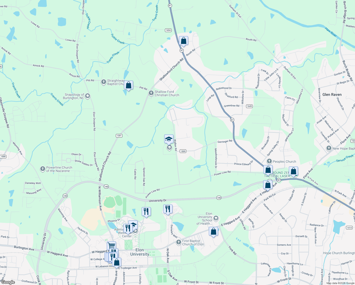 map of restaurants, bars, coffee shops, grocery stores, and more near 731 Walker Road in Elon