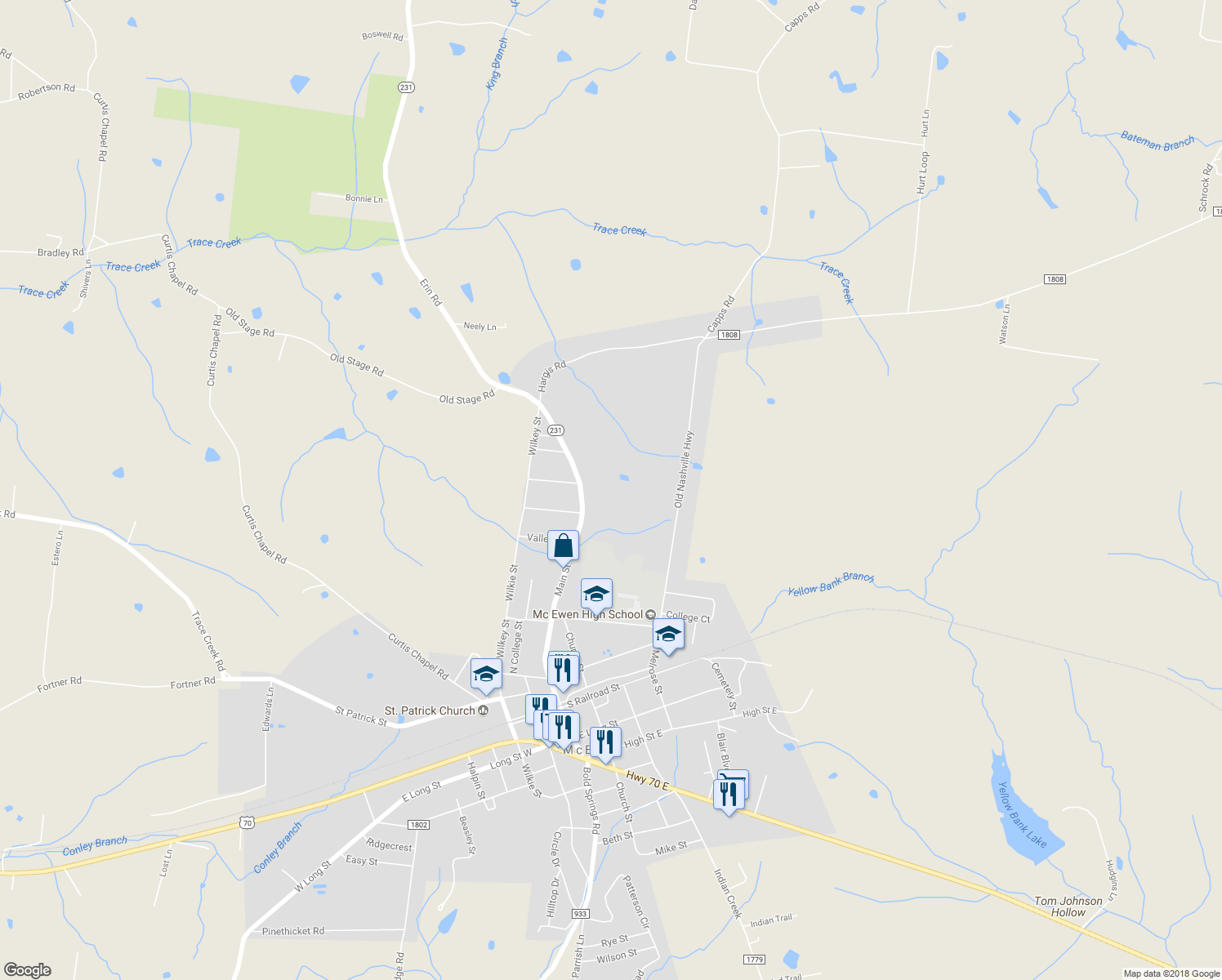 map of restaurants, bars, coffee shops, grocery stores, and more near 820 Main Street in McEwen