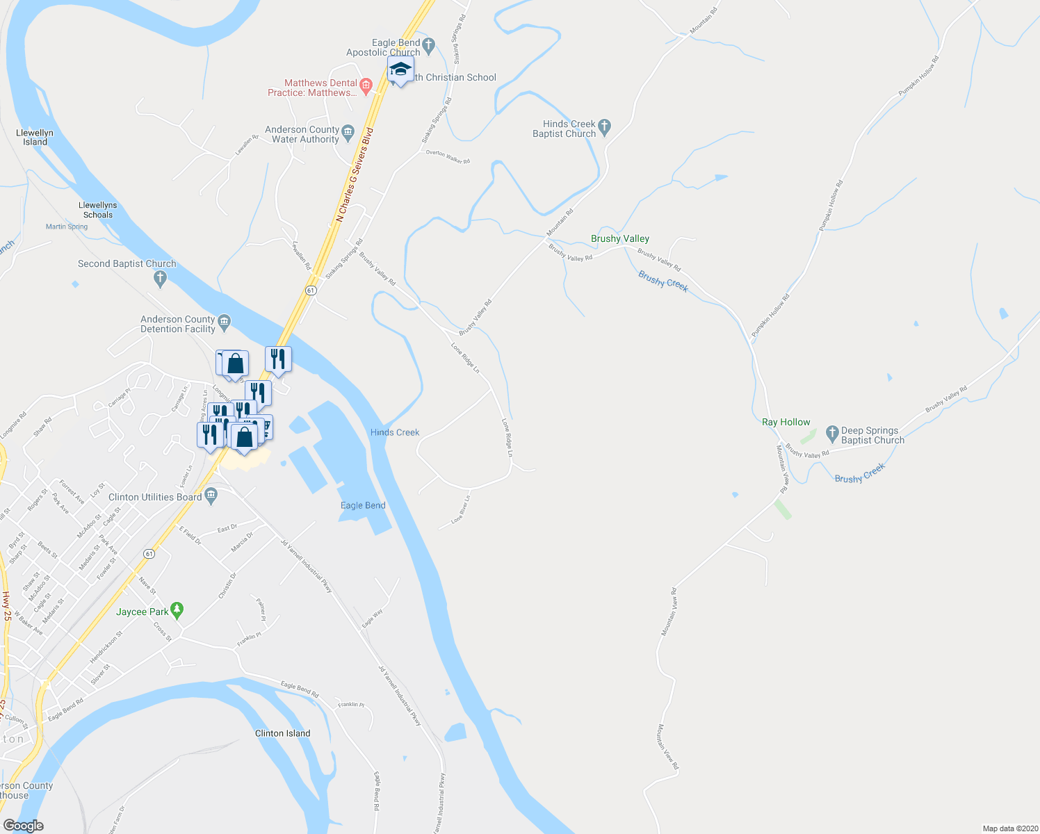map of restaurants, bars, coffee shops, grocery stores, and more near 227 Lone Ridge Lane in Clinton