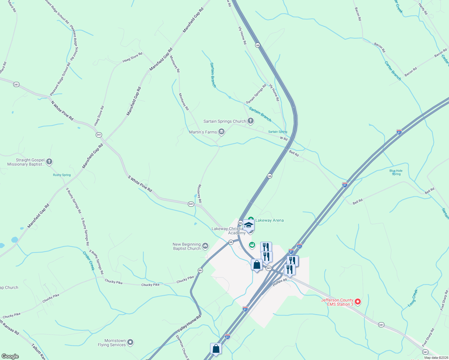 map of restaurants, bars, coffee shops, grocery stores, and more near 2348 Monterey Road in Jefferson County