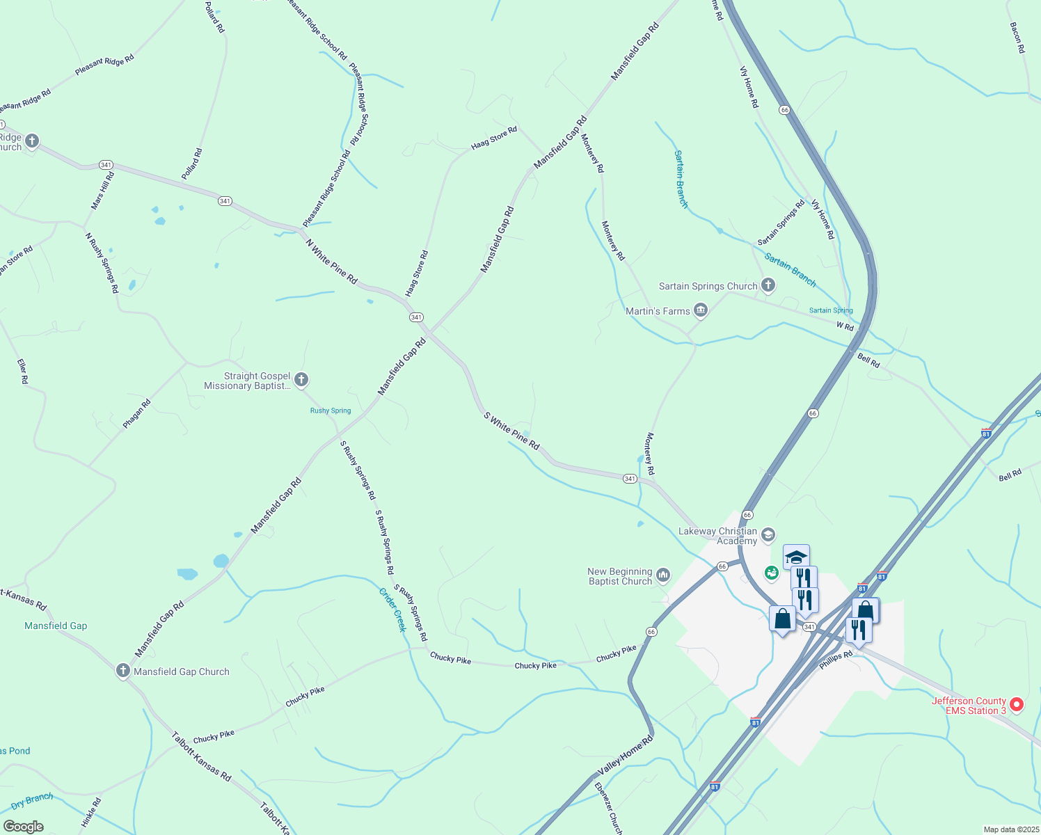 map of restaurants, bars, coffee shops, grocery stores, and more near 208 South White Pine Road in Talbott