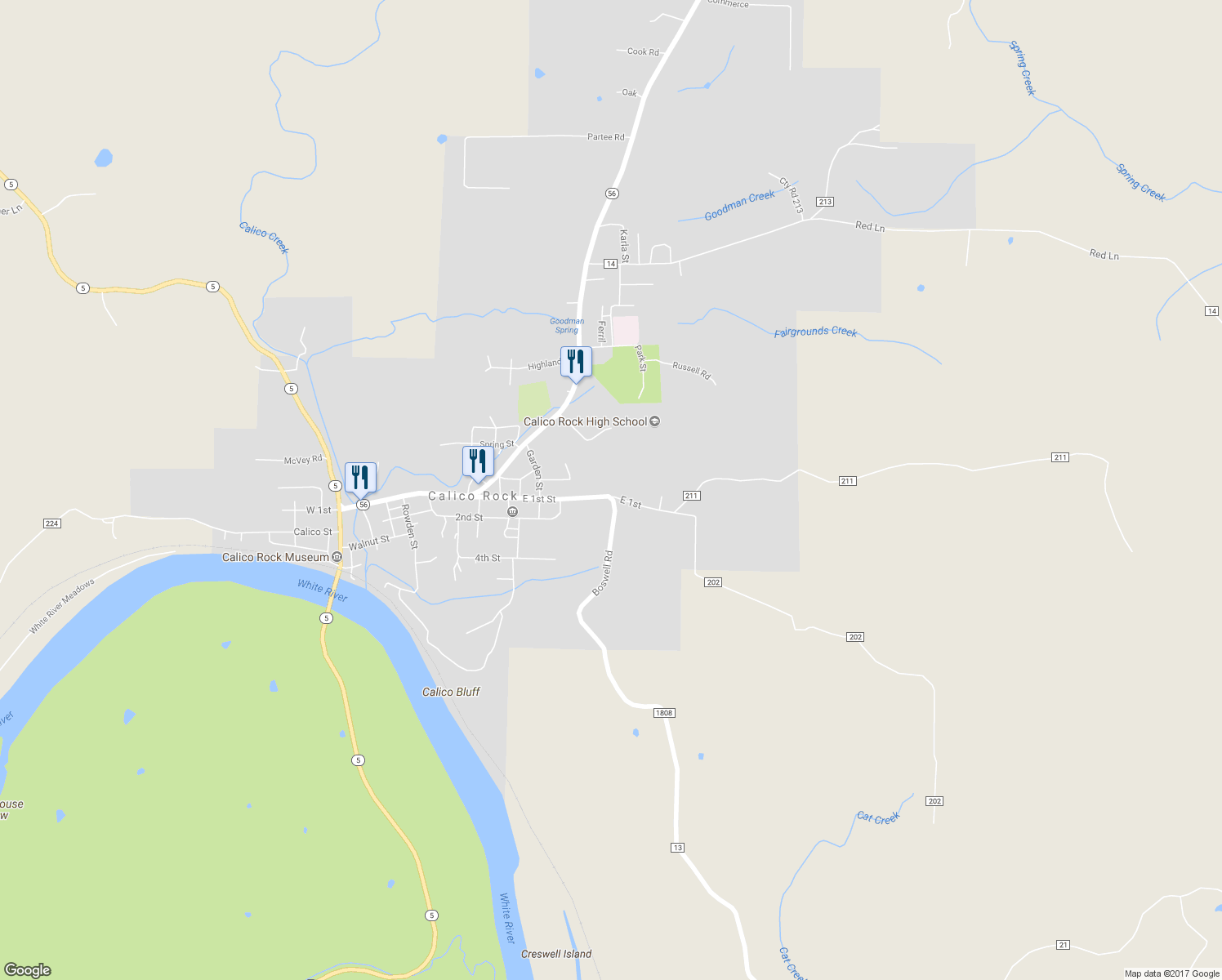 map of restaurants, bars, coffee shops, grocery stores, and more near 435 East 1st Street in Calico Rock